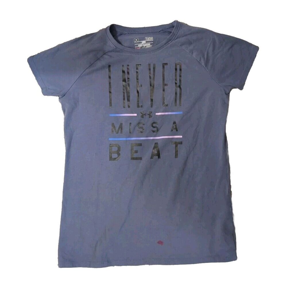 Under Armour Shirt Girls L Blue Crew Neck Heat Gear Short Sleeve Stretch YLG
